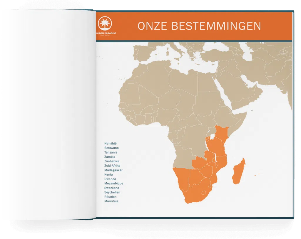 Landkaart waarop de bestemmingen staan aangegeven waar de reisorganisatie reizen naar aanbiedt