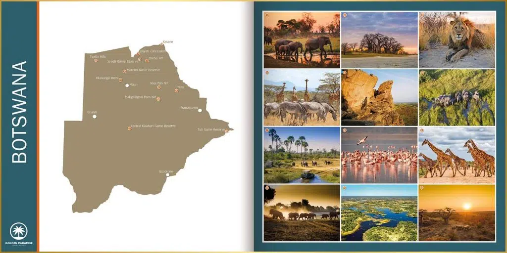 Kaart met overzicht van de bezienswaardigheden van Botswana
